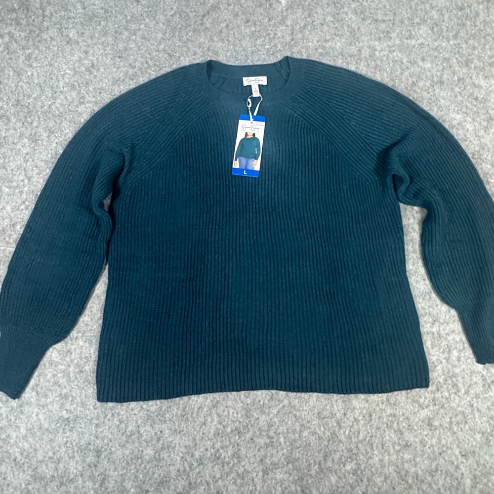 Jessica Simpson Womens Ribbed Crewneck Raglan Pullover Sweater Teal Green Large